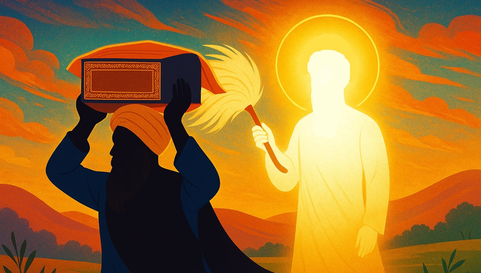 Pehla-Prakash-Baba-Buddha-Ji-carrying-Sri-Aad-Granth-Ji-and-Guru-Arjan-Dev-Ji-doing-Chaur-Sahib-sewa