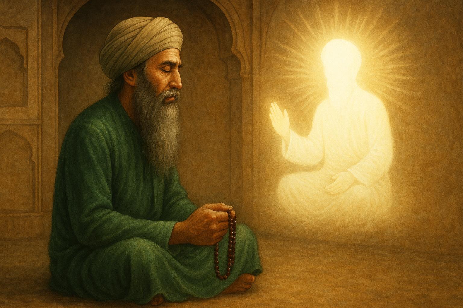 Sian Mian Mir Ji Sufi turned Sikh saint praying to Guru Arjan Dev Ji the embodiment of the Divine Voice and Light of Vaheguru