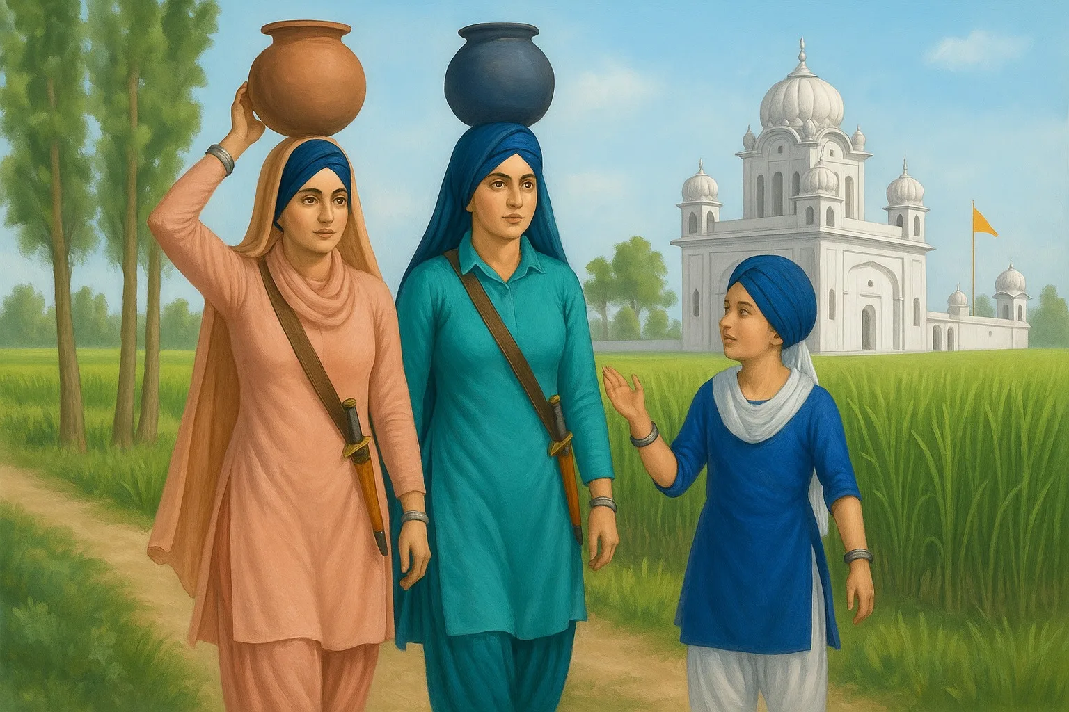 Sikh Punjabi women carrying water in a village in Punjab