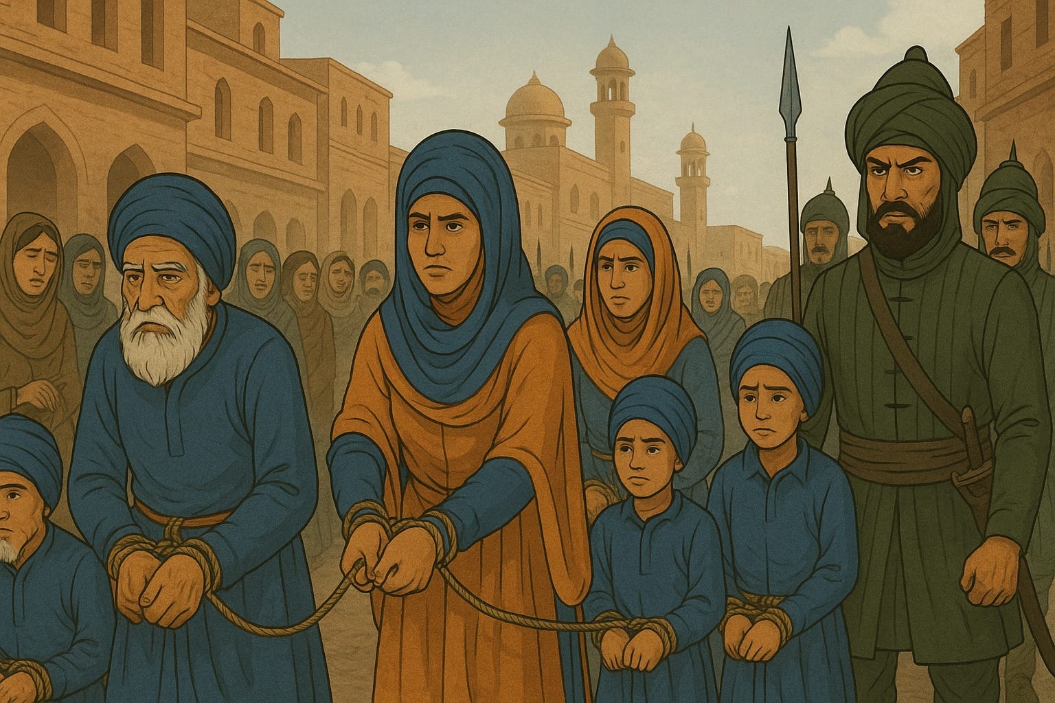 Sikh elders, women and children being arrested in villages and towns and brough to Lahore for torture and imprisonment in aim to break the spirit of the Sikh community on the orders of the Lakhpat Rai in 1748