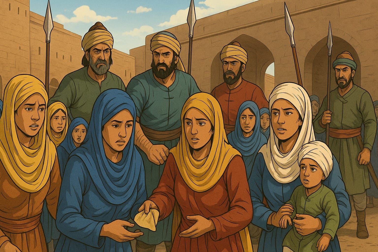 Sikh women arrested by Mir Mannu sharing one Roti bread amongst all of them enduring hunger with the power and strength from Gurbani prayers