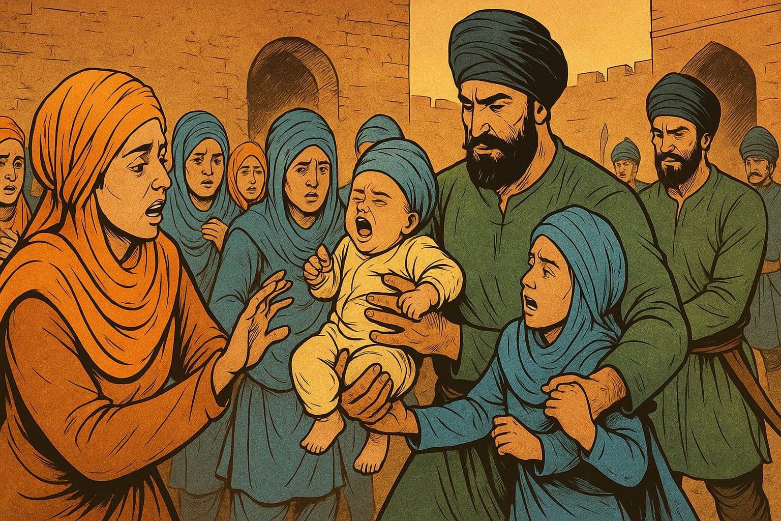 Sikh women having their children removed from them in the jail of Mir Mannu