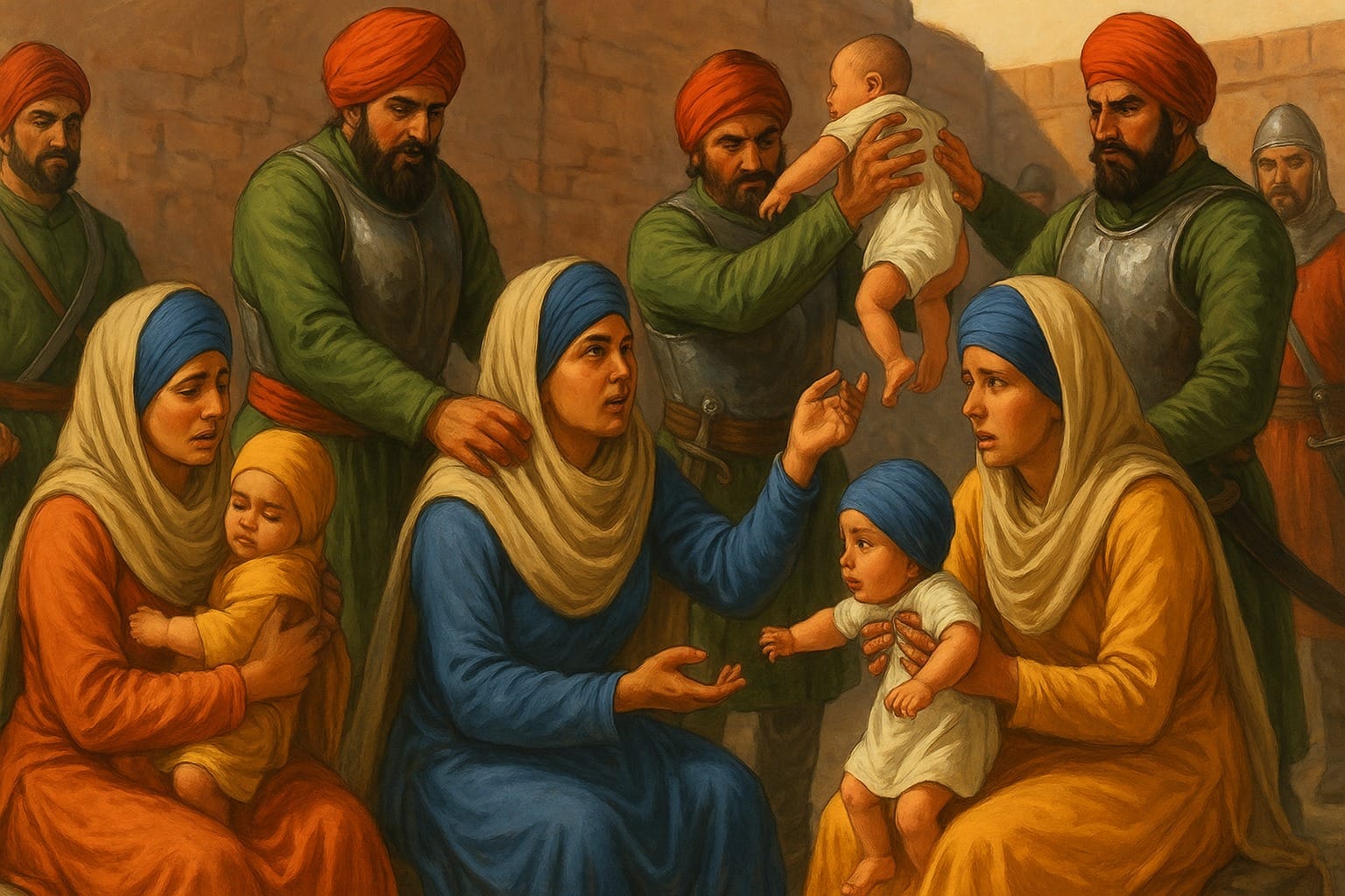Sikh women having their children snatched away from them by the Mughal guards of Mir Mannus jail in order for them to kill and torture their children in hope the Sikh women convert 1