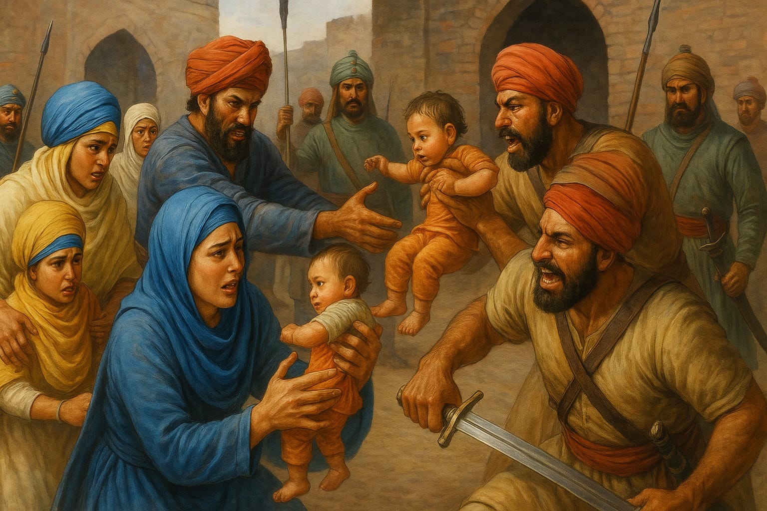 Sikh women having their children snatched away from them by the Mughal guards of Mir Mannus jail in order for them to kill and torture their children in hope the Sikh women convert