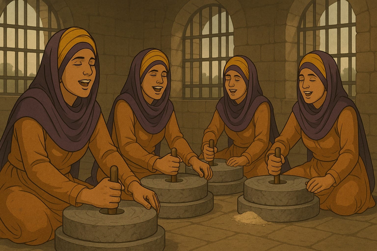 Sikh women in Mir Mannus prison in Lahore grinding flour as part of strenuous labour aimed at breaking their Sikh spirit with the end goal that they convert