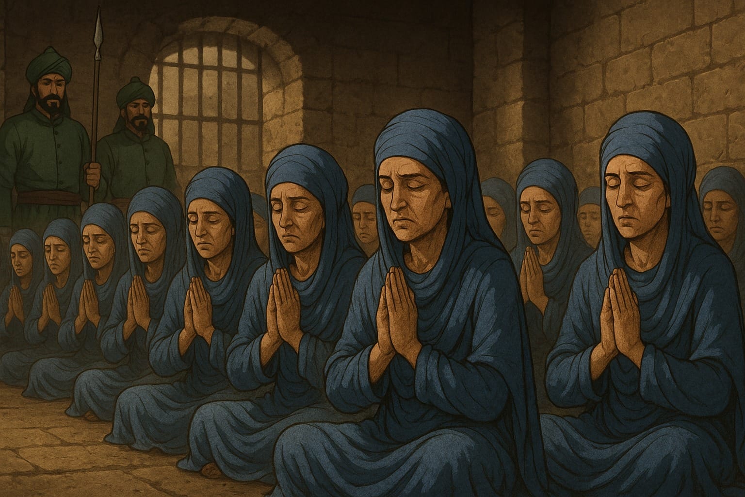 Sikh women prisoners of Mir Mannus jail praying together in the evening reciting Rehras Sahib not giving up their faith against all odds