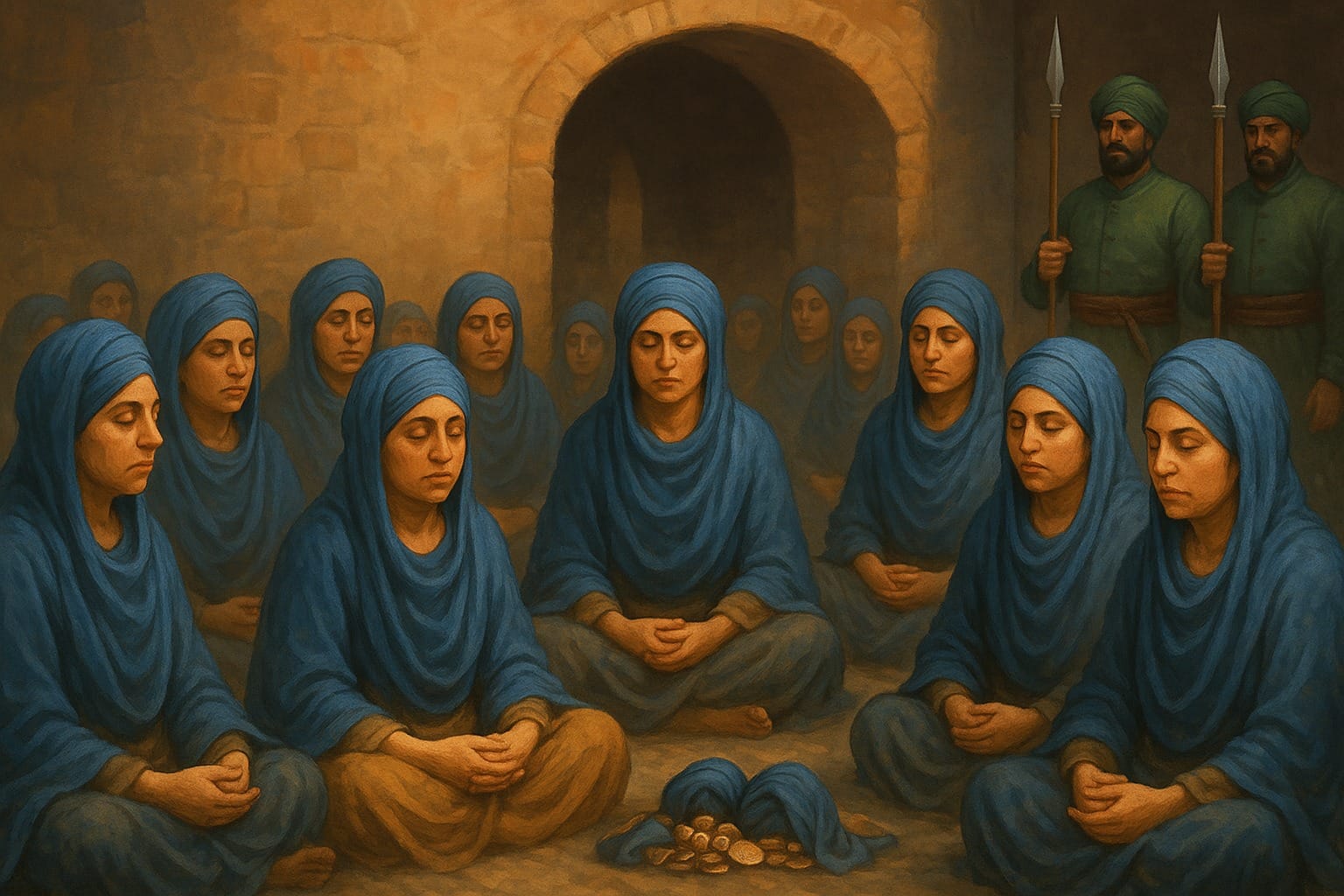 Sikh women prisoners of Mir Mannus jail praying together in the last quarter of the night Amrit Vela meditating on Naam the Sacred Sound of Vaheguru not giving up their faith against all odds