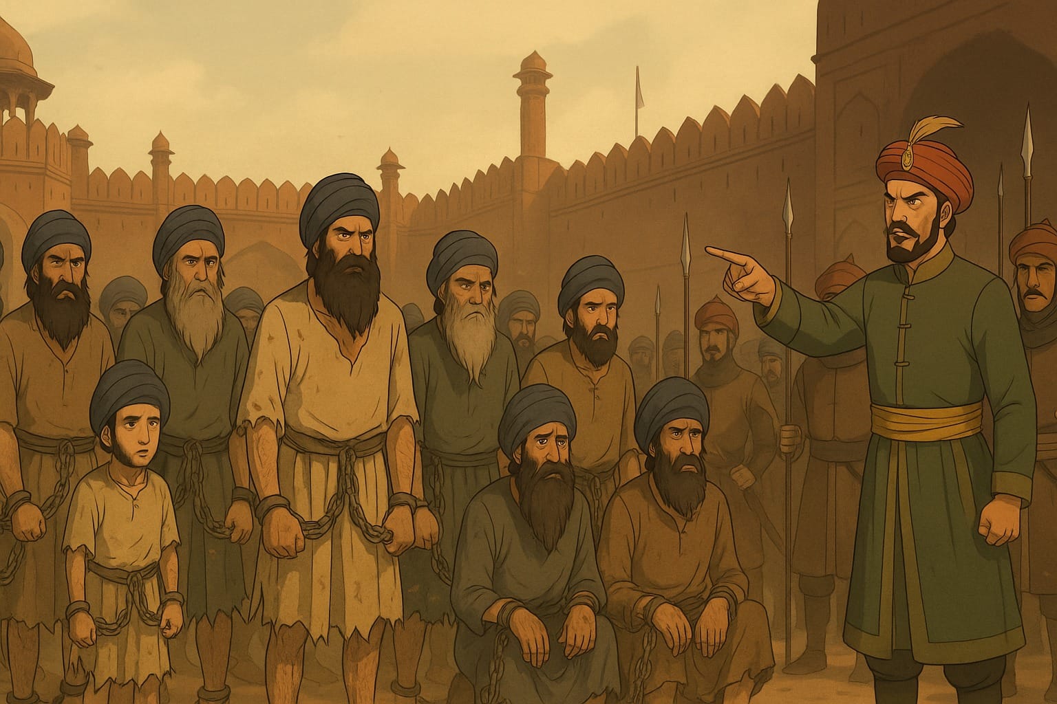 Sikhs arrested and brought to Delhi Despite hunger physical weakness and torture they were defiant in not surrendering their Sikh faith