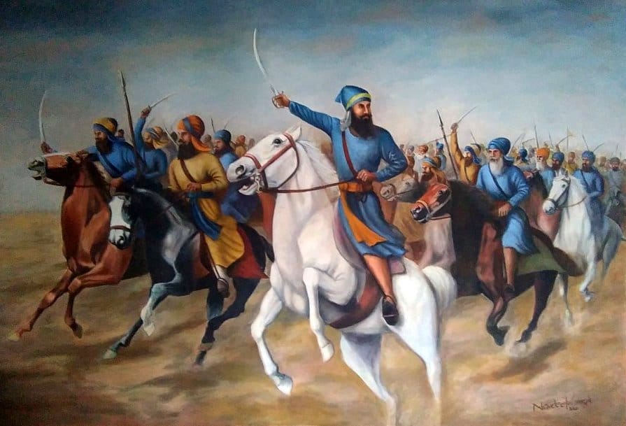 Sikhs fighting for survival against the the army of Ahmed Shah Adbali the Emperor of Afghanistan at Rohira in 1762 which became known as the Vadda Ghallughara or Greater Holocaust of the Sikhs