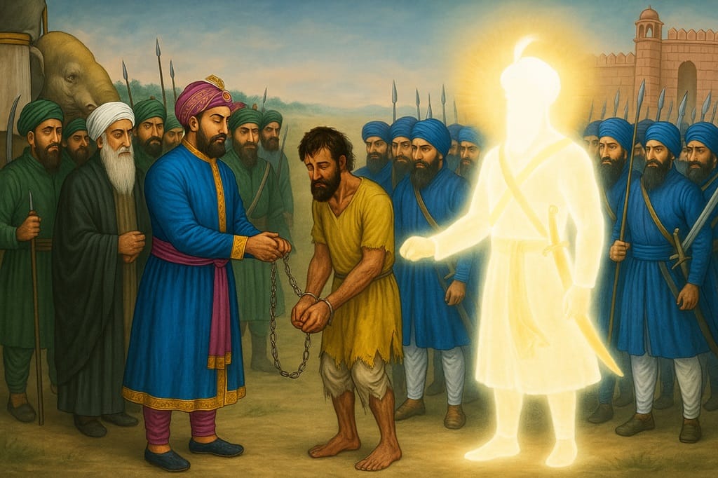 The-evil-Chandu-Shah-imprisoned-by-Emperor-Jahangir-being-handed-over-to-Guru-Hargobind-Sahib-Ji-and-the-Sikh-army