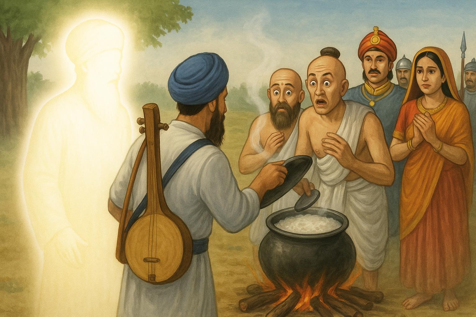 The pot of meat turning to rice pudding as a miracle in the city of Kurekshetra during a solar eclipse to break the ego and falsehood of the Hindu Brahmins