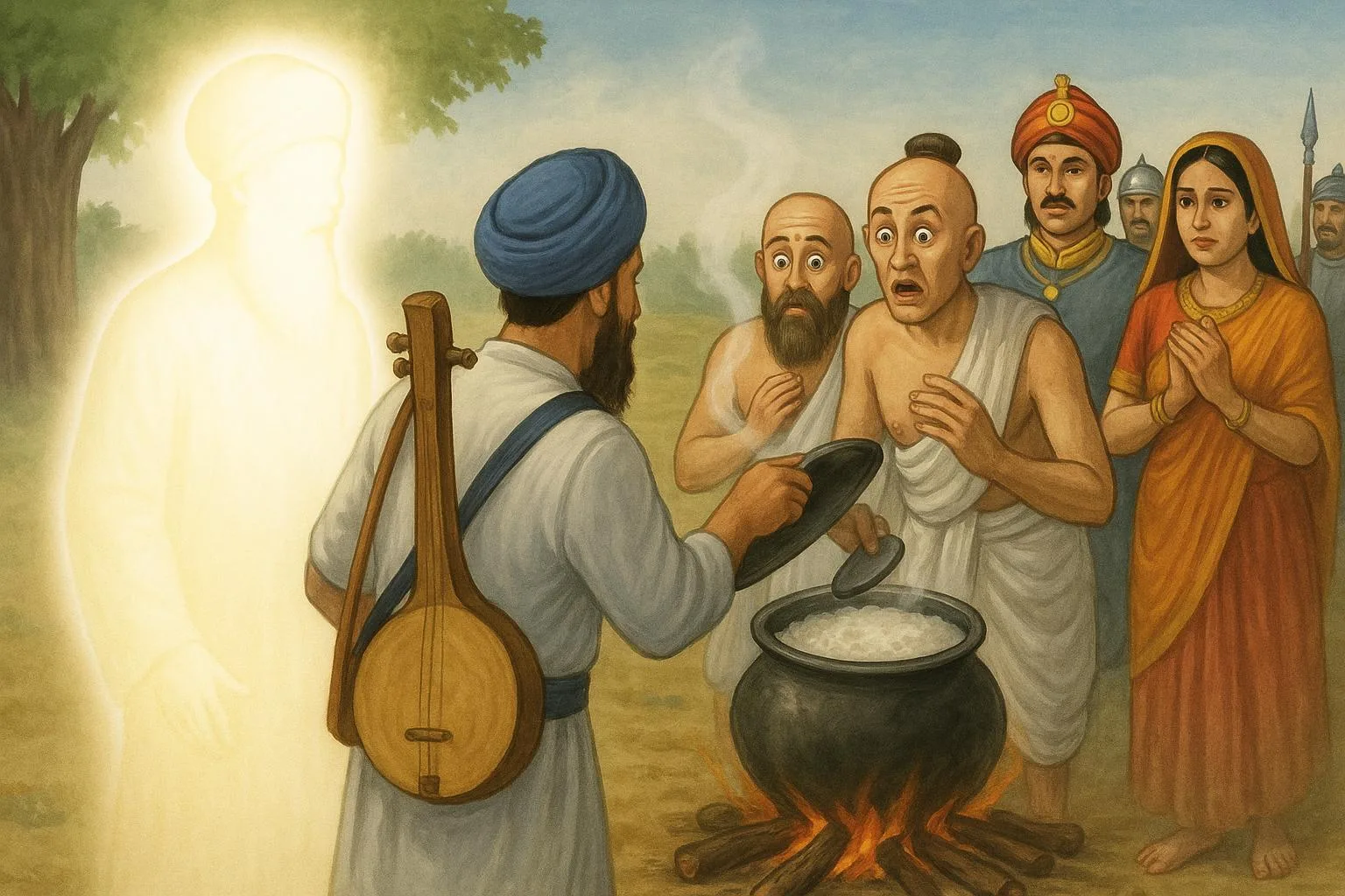 The pot of meat turning to rice pudding as a miracle in the city of Kurekshetra during a solar eclipse to break the ego and falsehood of the Hindu Brahmins