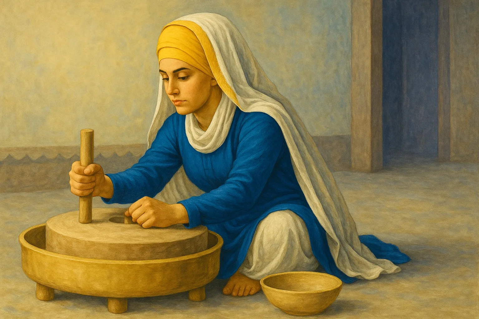 Traditional Punjabi Sikh woman grinding flour as per Punjabi cultural practice
