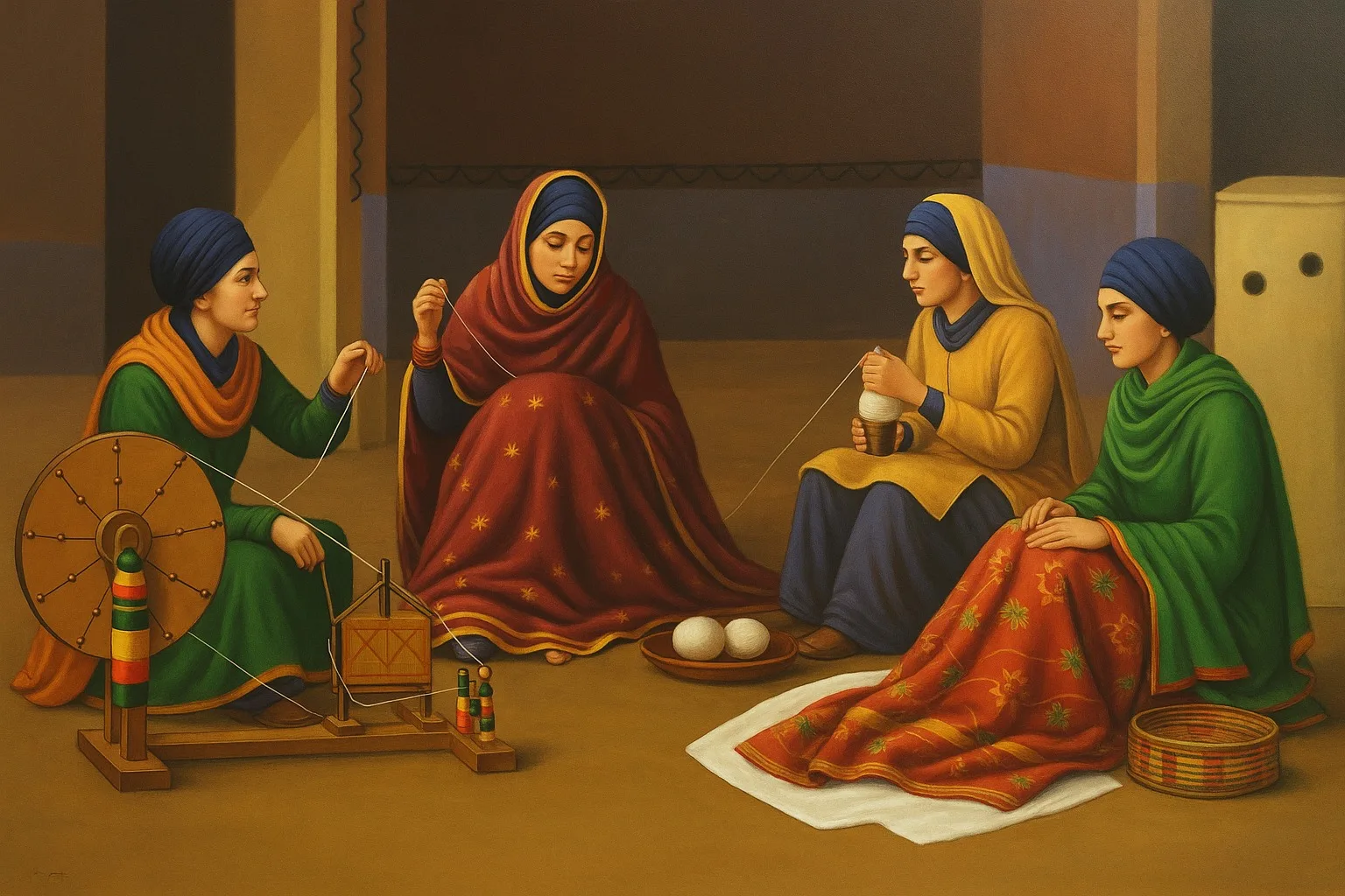 Traditional Punjabi Sikh women weaving and stitching as per Punjabi cultural practices