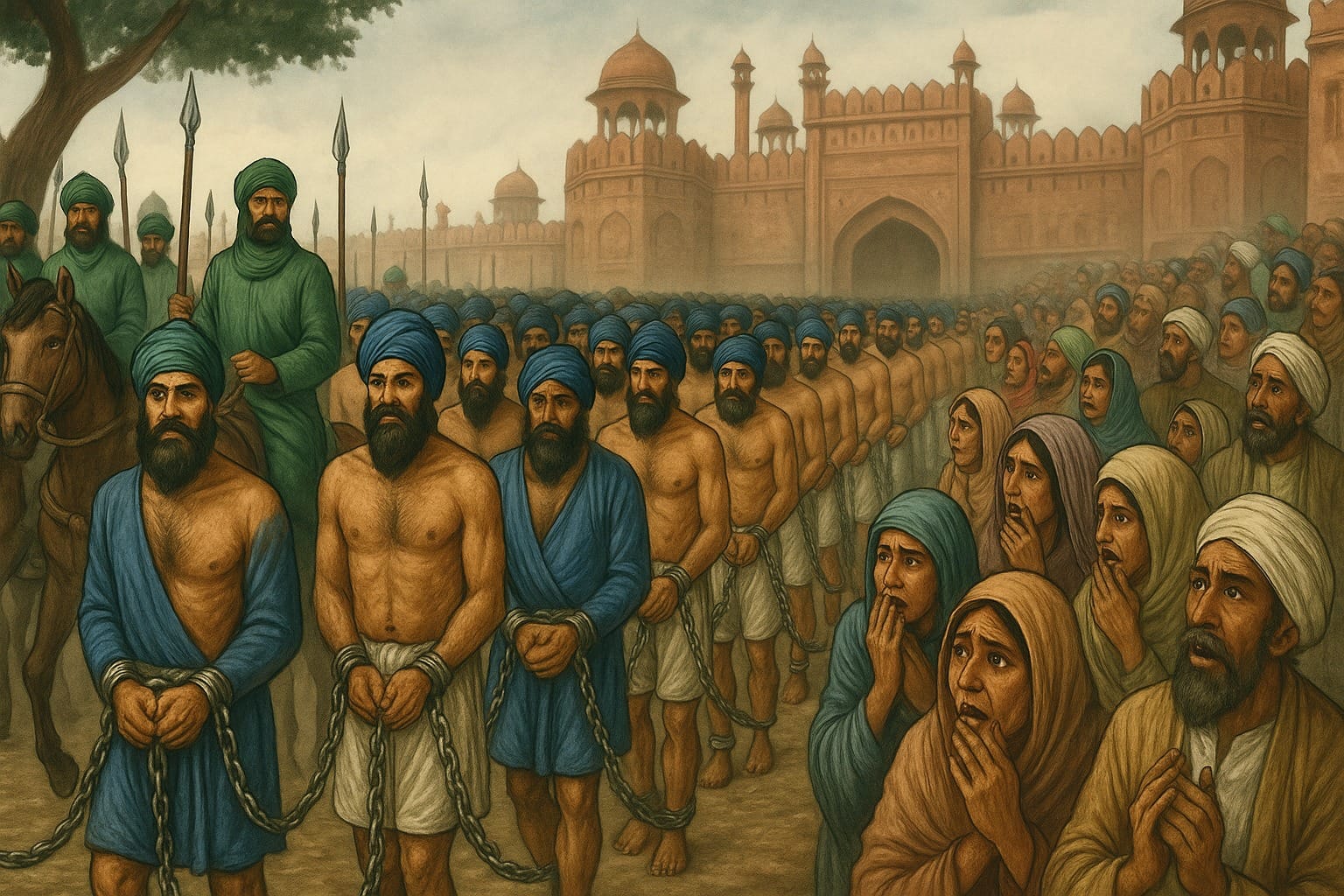 Captured Sikhs being paraded to Delhi from Panjab in 1716 during the reign of Mughal Emperor Faruksyar