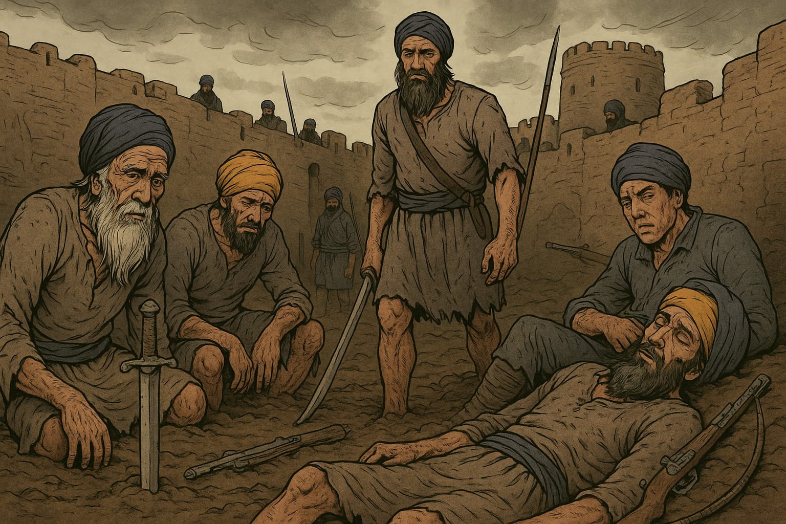 Gurdas Nangal siege from April 1715 to December 1715. Sikhs were without food bullets arrows and falling Sikh but holding on to their faith