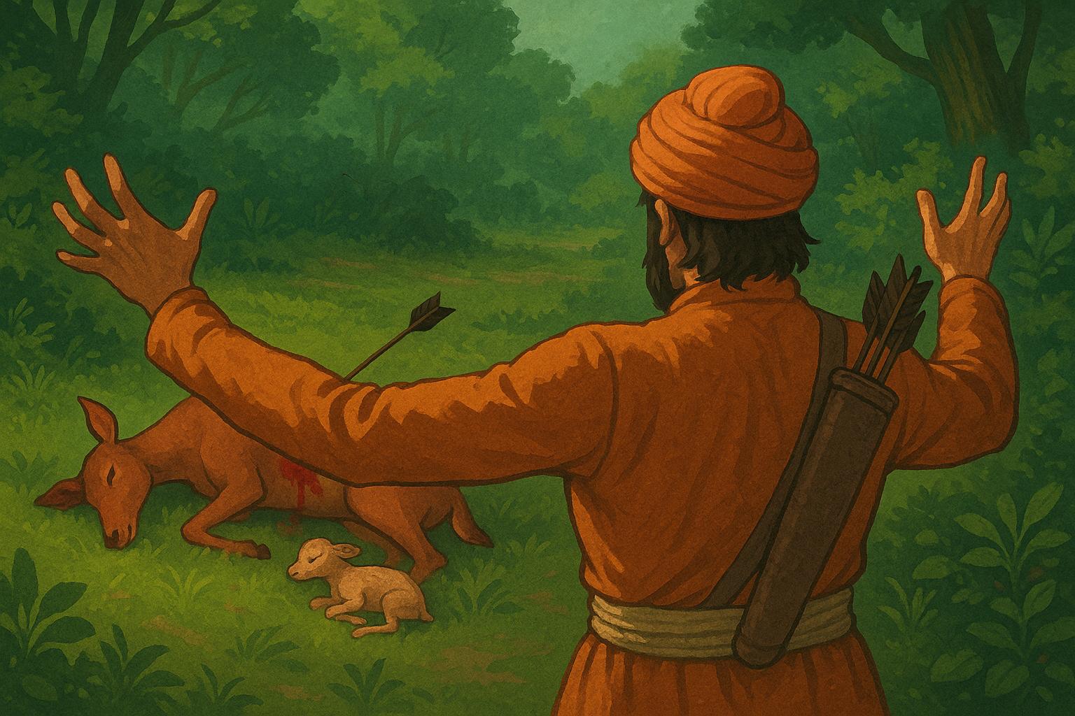 Lakshman Das who later becomes Banda Singh Bahadar Ji saddened by the death of a deer and her child with his arrow