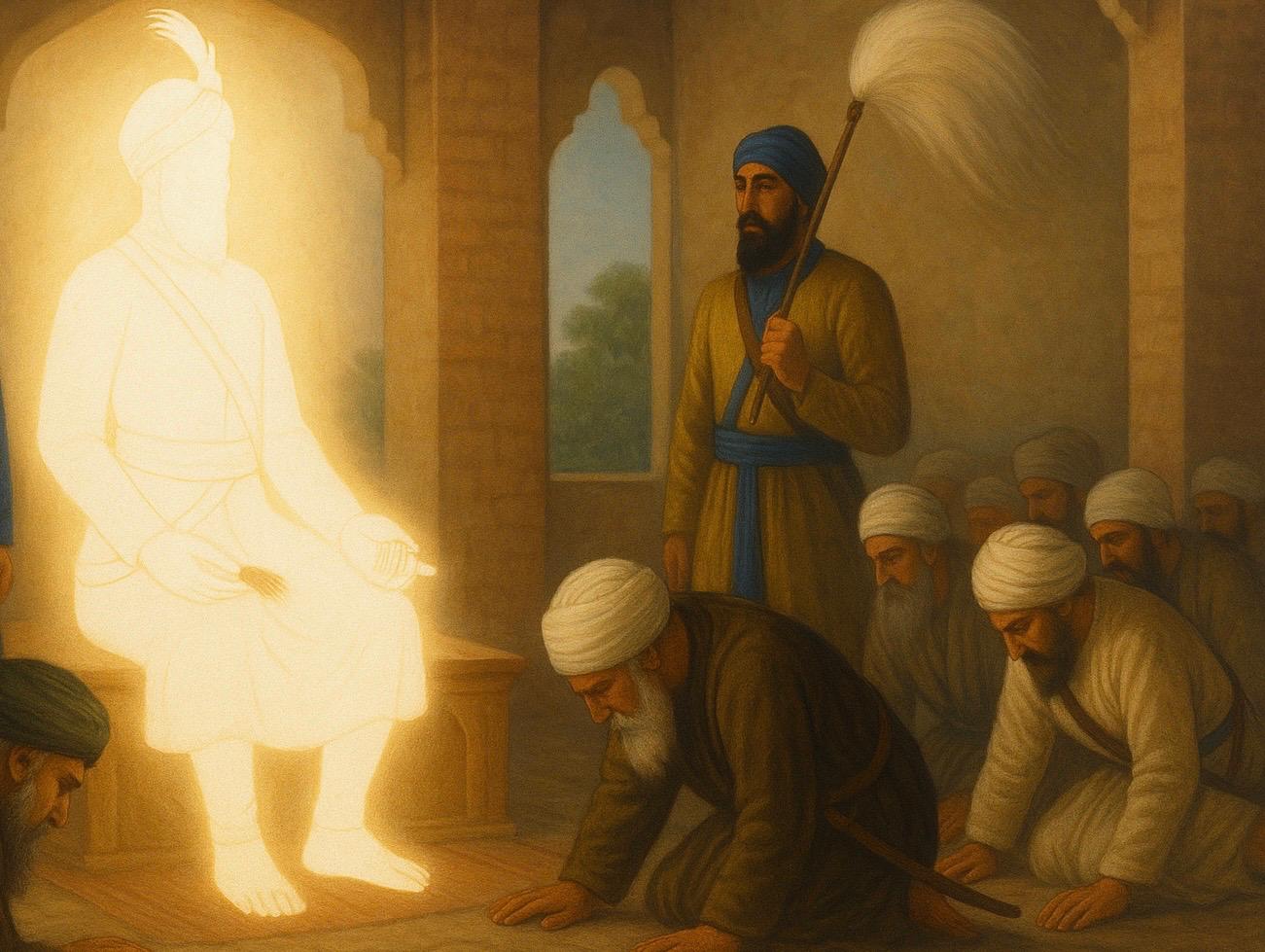 Pir Buddhu Shah Ji being gifted Guru Gobind Singh Jis wooden comb attached with hair after being asked to ask for something in reward for his bravery and sacrifices in the Battle of Bhangani