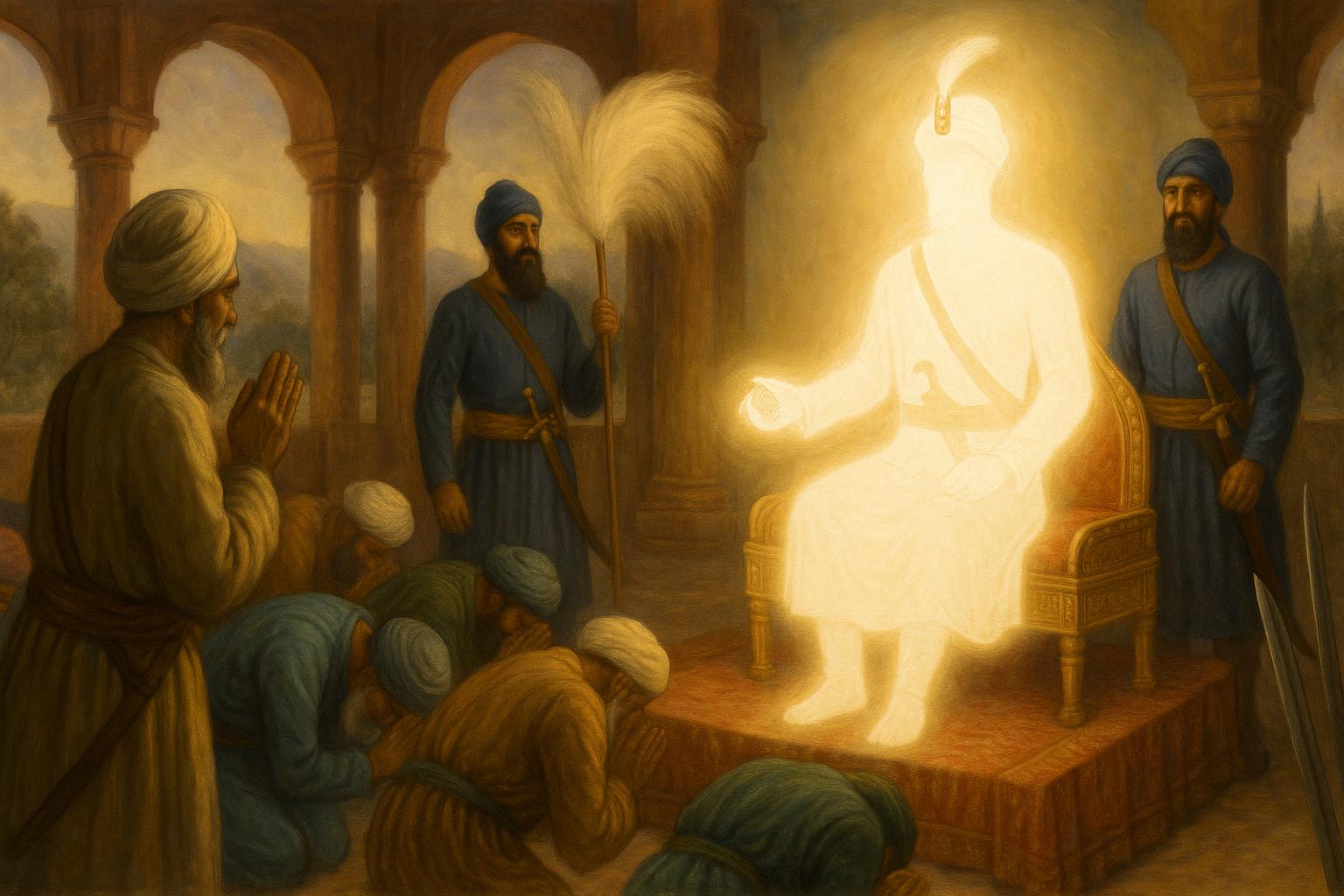 Pir Buddhu Shah Ji being gifted Guru Gobind Singh Jis wooden comb attached with hair after being asked to ask for something in reward for his bravery and sacrifices in the Battle of Bhangani