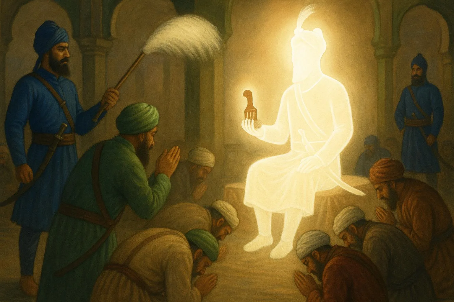 Pir Buddhu Shah Ji being gifted Guru Gobind Singh Jis wooden comb attached with hair after being asked to ask for something in reward for his bravery and sacrifices in the Battle of Bhangani