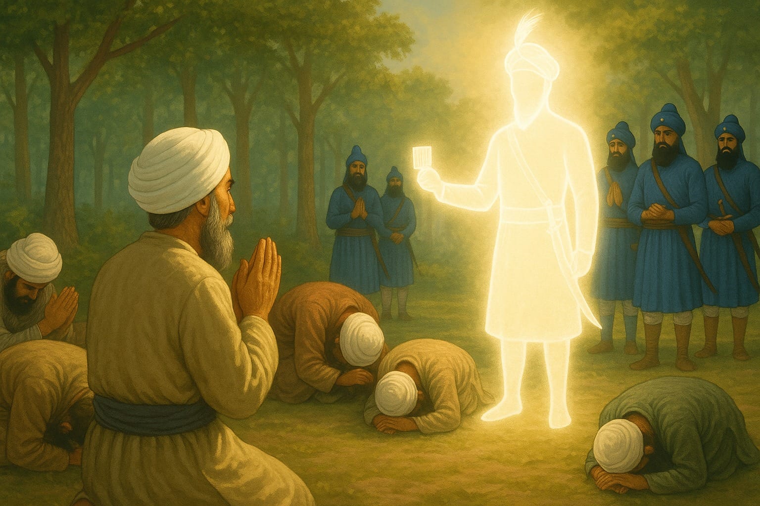 Pir Buddhu Shah Ji being gifted a Kangha attached with Kesh as a reward from Guru Gobind Singh Ji