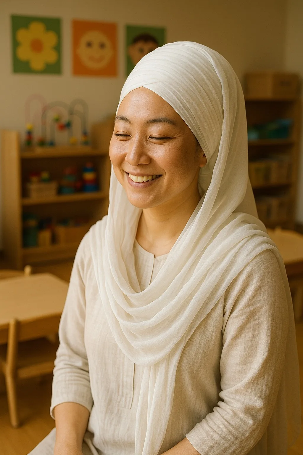 Japanese Sikh woman who is a preschool teacher