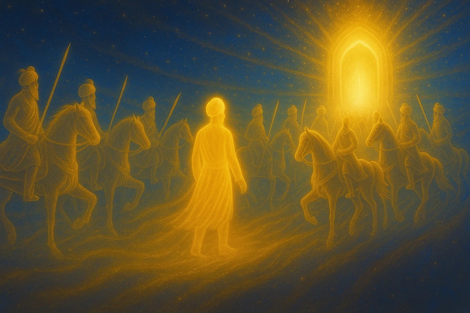 Gurmukh going to Sach Khand escorted by Shaheed Singhs the Khalsa of the spirit world