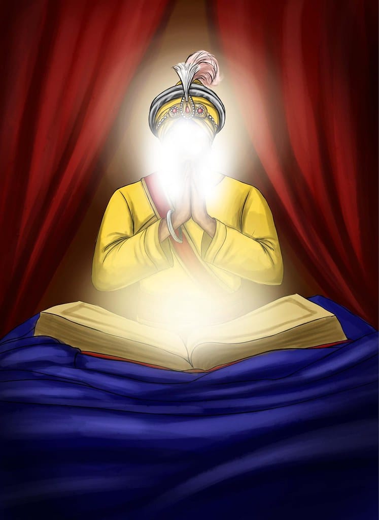 Guru Gobind Singh Ji before Sri Guru Granth Sahib Ji