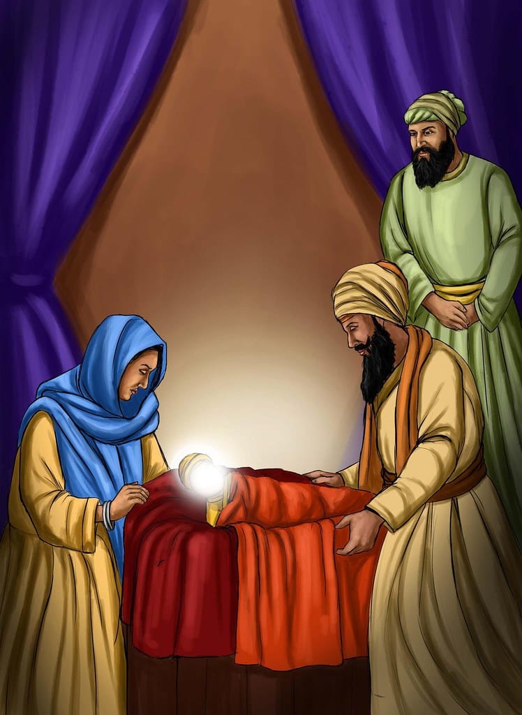 Sangat having Darshan of the newly born Sri Gobind Rai Ji Guru Gobind Singh Ji at Patna Sahib