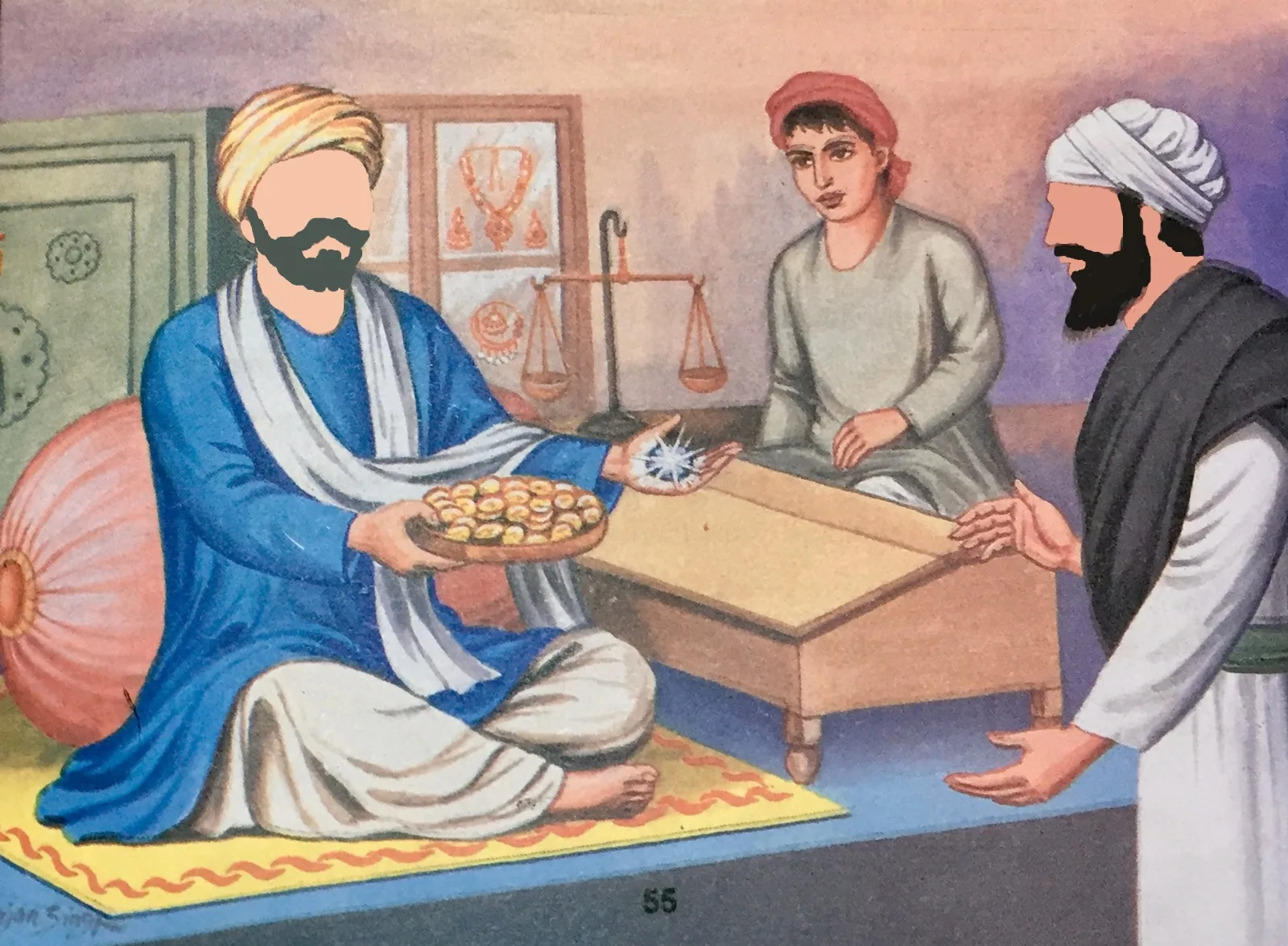 Bhai Salis Rai the Jeweller recognised the priceless beauty of the stone looking gem that Bhai Mardana Ji showed him
