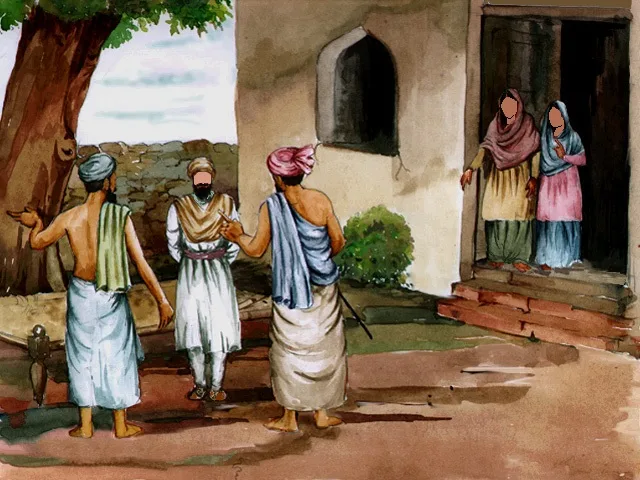 Farmers come to complain to Pita Kalyan Das Ji to complain that Guru Nanak Dev Ji has allowed cattle to eat his crops not knowing the Almighty can destroy and re create