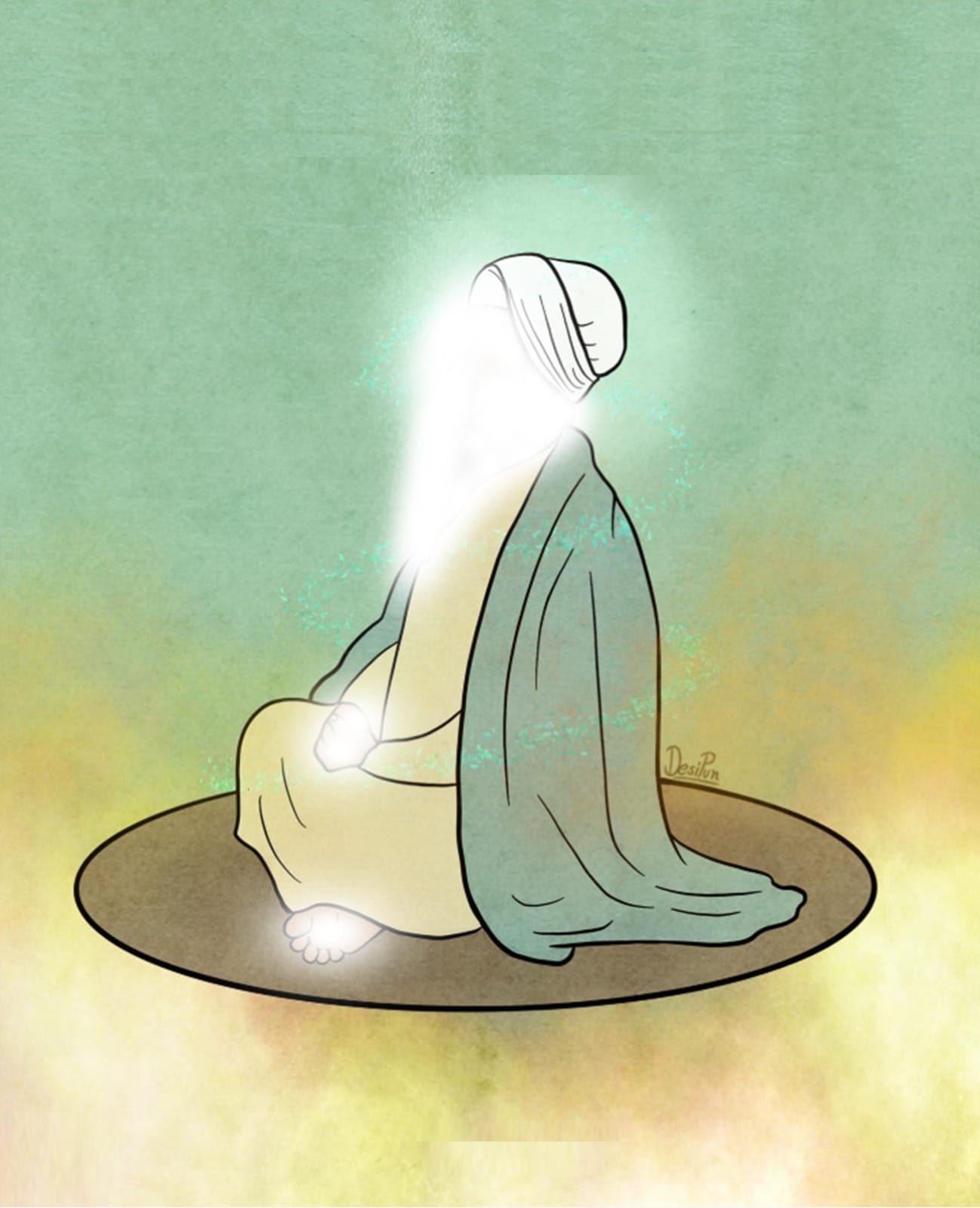 Guru Arjan Dev Ji sitting on the hot iron plate becoming a self-sacrifice to awaken the spirits of humanity to rise against oppression unstirred and unflinching