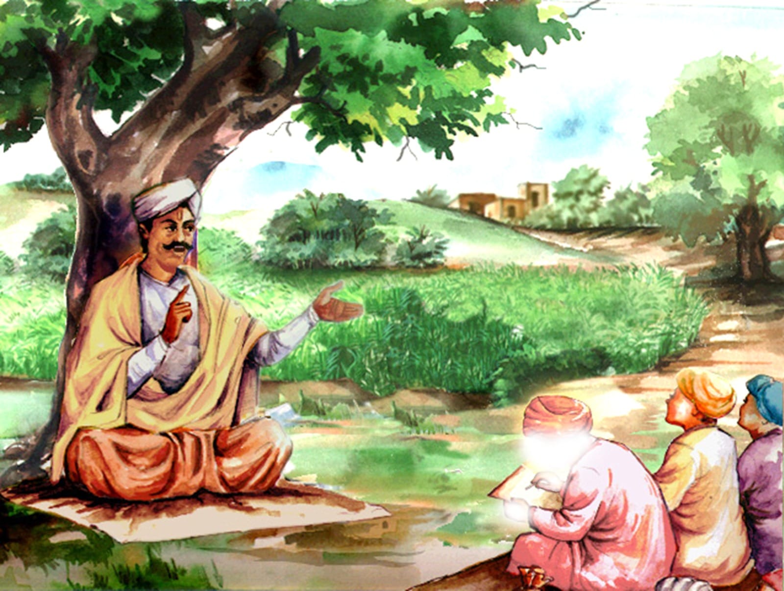 Guru Nanak Dev Jee was sent to school by his earthly father Pita Kalyan Chand Ji to learn Sanskrit and Maths