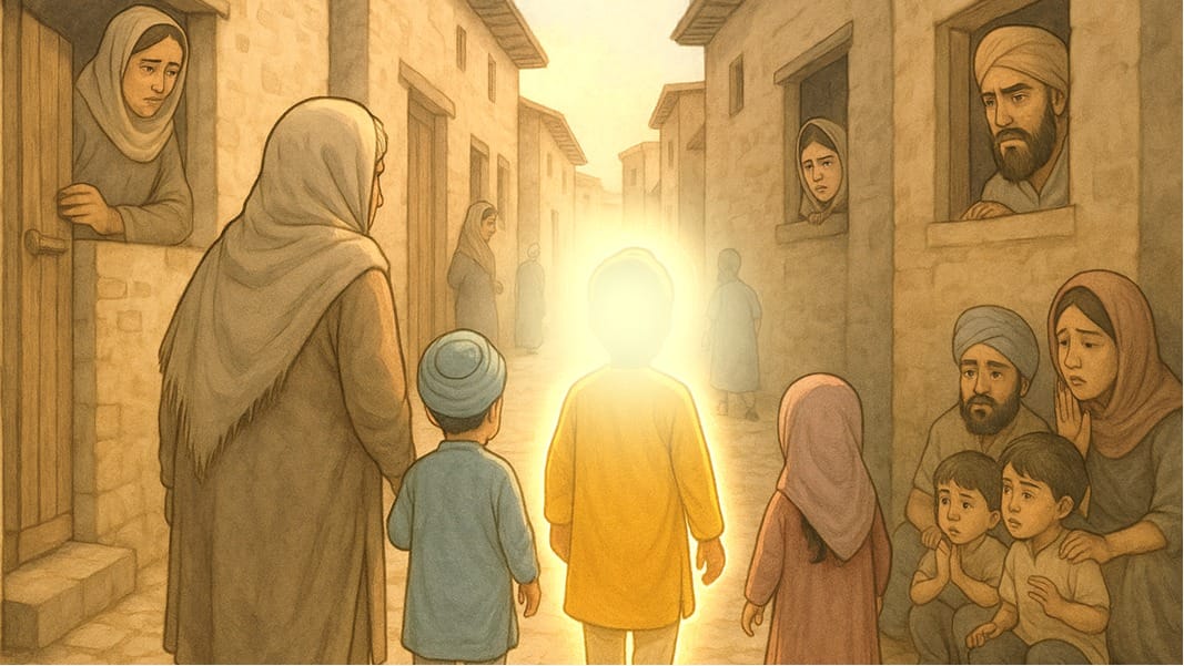 Guru Ramdas Ji aged 7 with his younger brother Hardayal and younger sister Ramdasi being taken by their maternal grandmother from Lahore to Basarke