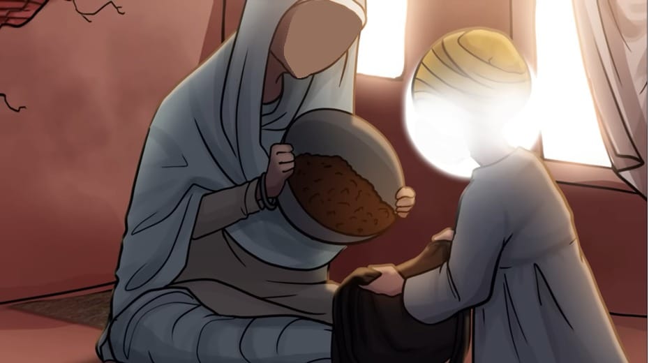 Guru Ramdas Jis maternal grandmother preparing Ghungnian boiled chick peas for her grandson to sell at the age of 7 to help support the family