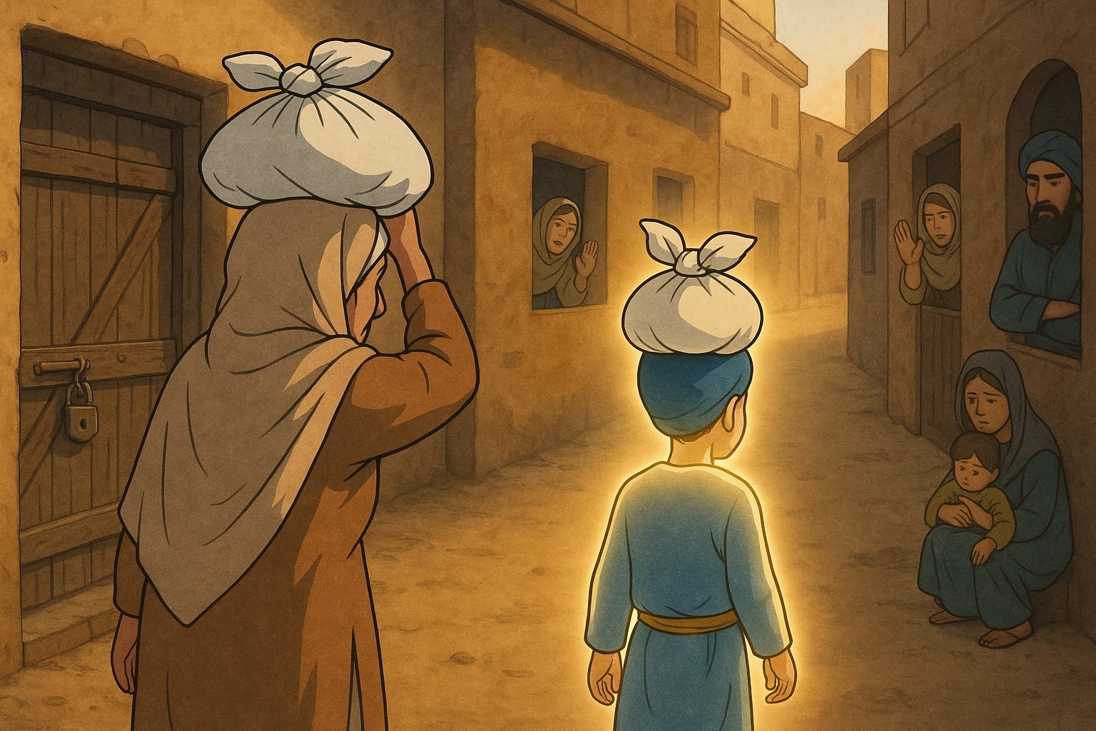 Sri Guru Ramdas Ji at the age of 7 locking his home in Lahore and leaving with his grandmother to live in Basarke