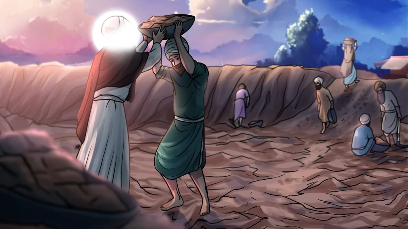 Sri Guru Ramdas Ji leading seva of the construction of Guru Ka Chakk later to become known as Amritsar after Guru Amardas Ji purchased the land in 1570