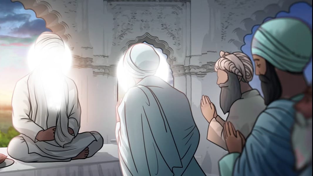 Sri Guru Ramdas Ji receiving guruship from Sri Guru Amardas Ji