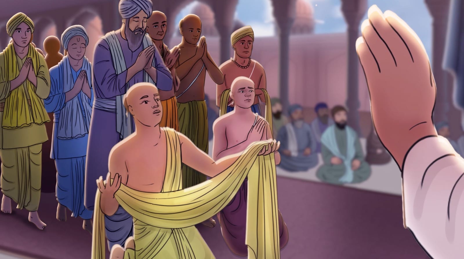 16 Hindu leaders and 500 Kashmiri Brahmins pleading to Guru Teg Bahadur Sahib Ji for help at Anandpur Sahib on 26th May 1675