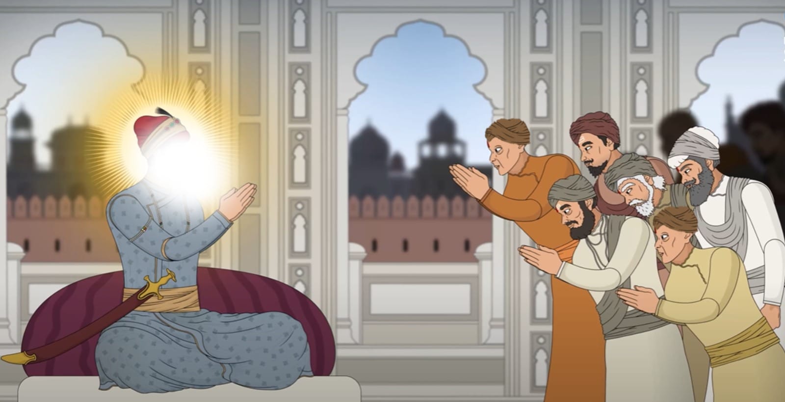 16 Hindu leaders from across India along with a delegation of 500 Kashmiri Brahmins visiting Guru Teg Bahadur Sahib Ji at Sri Anandpur Sahib on 25th May 1675