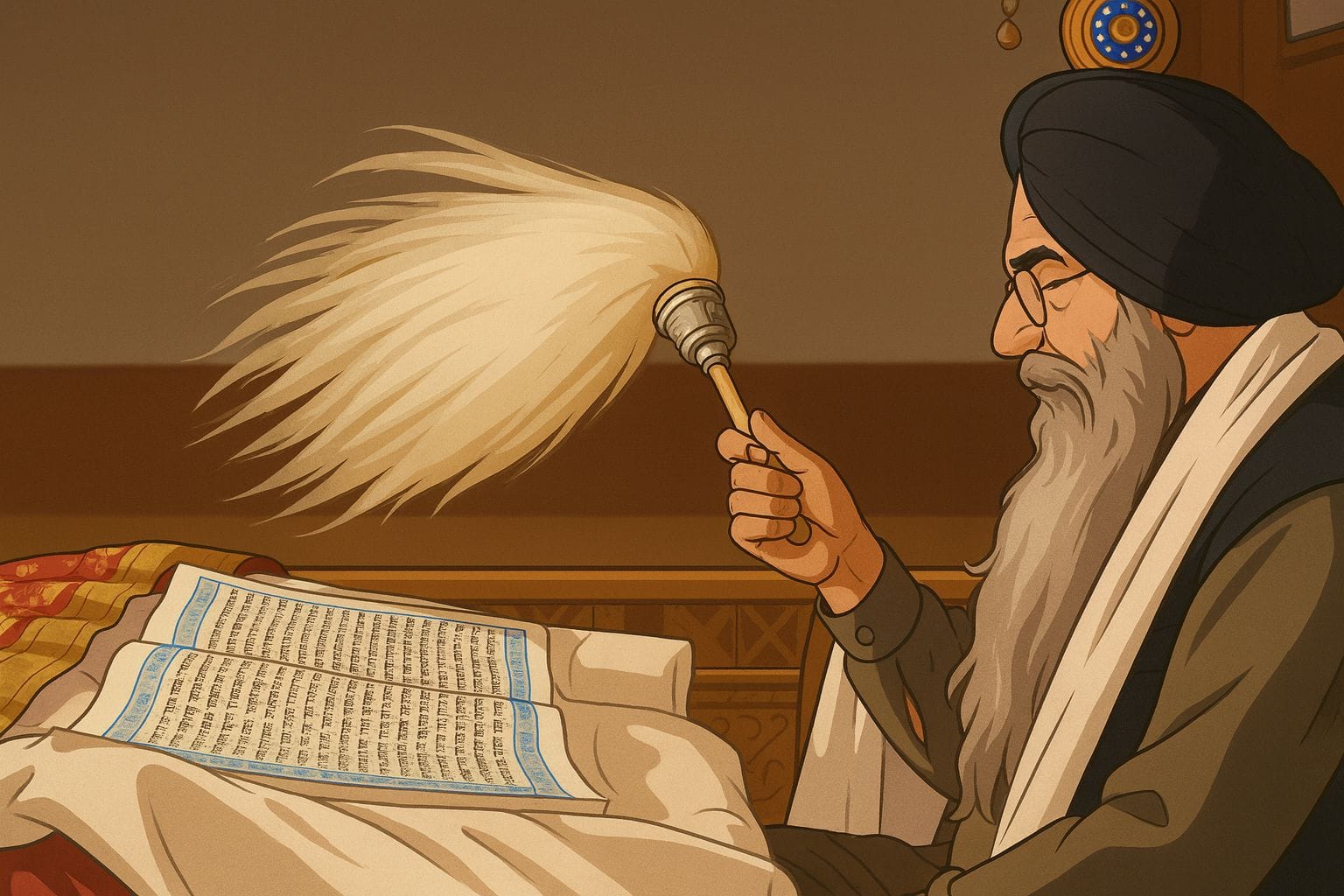 A Sikh Granthi minister waving the Chaur Sahib royal whisk over Sri Guru Granth Sahib Ji while reading the sacred holy text