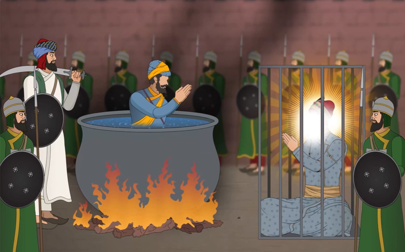 Bhai Dayala Ji being martyred by being boiled alive