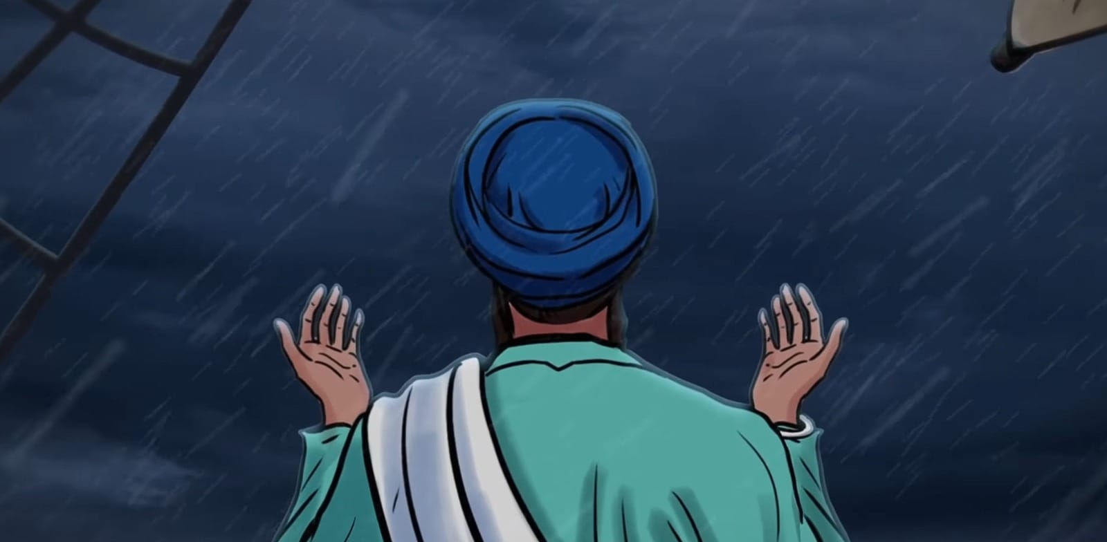 Bhai Makhan Shah Lubana Ji praying to Guru Teg Bahadur Sahib Ji to save his drowning ship