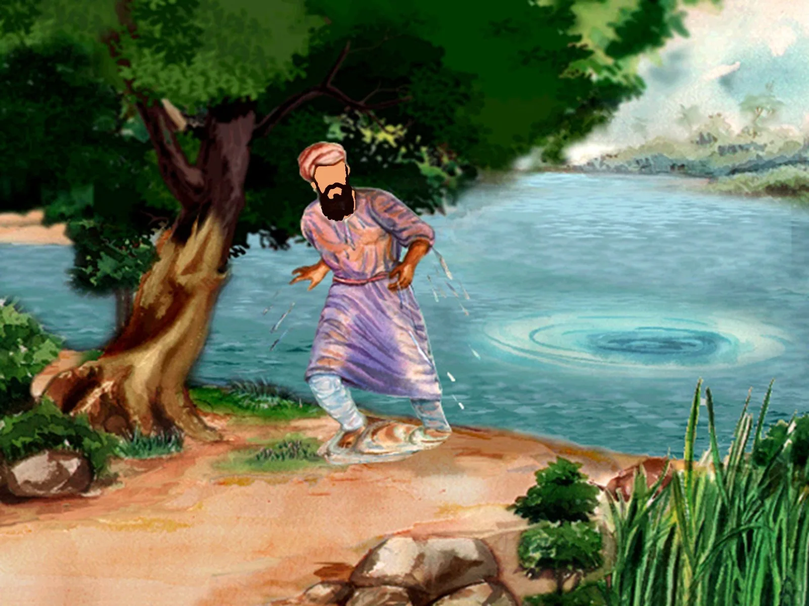Bhai Mardana Ji immersing out of the water after Guru Nanak Dev Ji disappeared into the River Vein