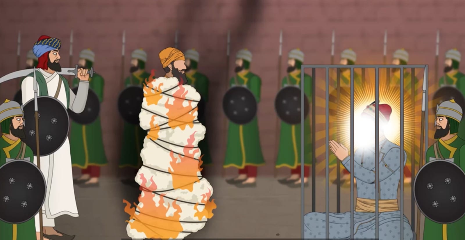 Bhai Sati Daas Ji self-sacrificing by being burnt alive wrapped in cotton wool