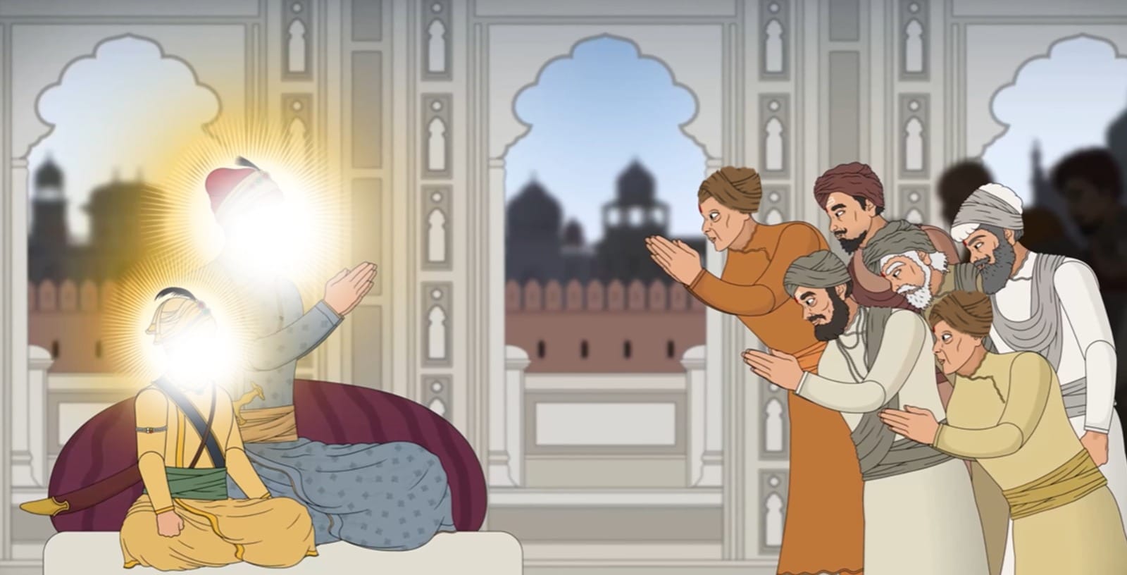 Delegation of 16 Hindu leaders and 500 Kashmiri Brahmins pleading to Guru Teg Bahadur Sahib Ji in the presence of 9-year-old Sri Gobind Rai Ji to save their religion