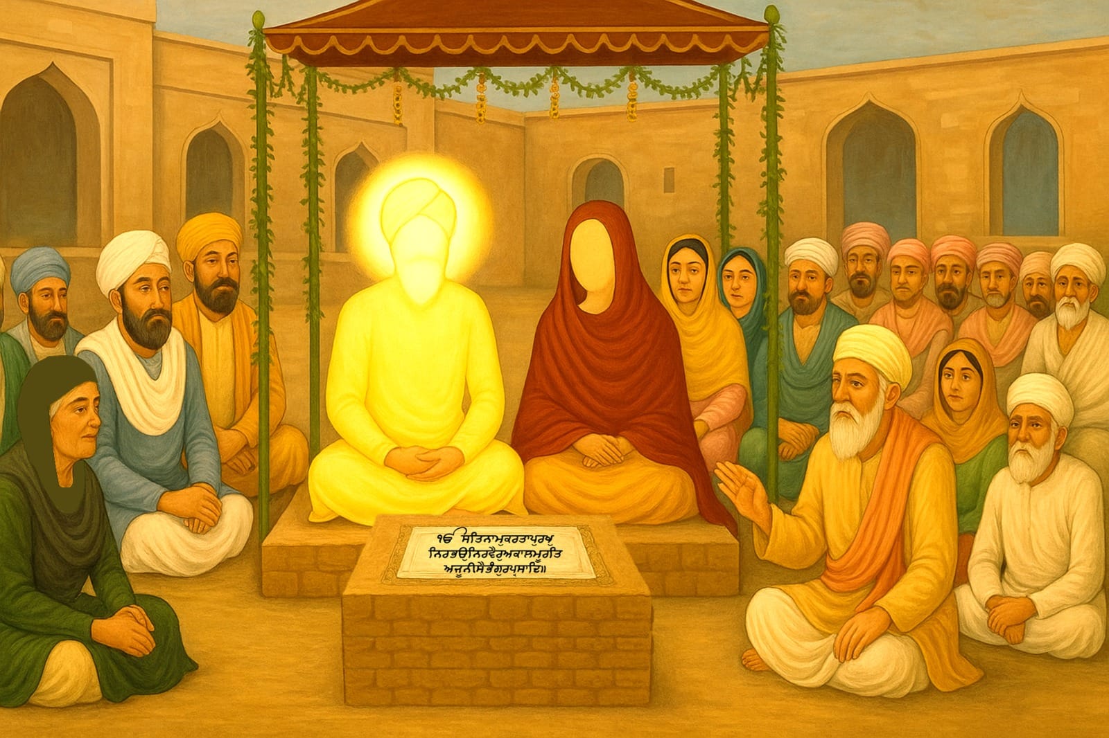Guru Nanak Dev Ji on Viaah Purab marriage day in Batala, walking four times around Gurbani instead of seven around fire