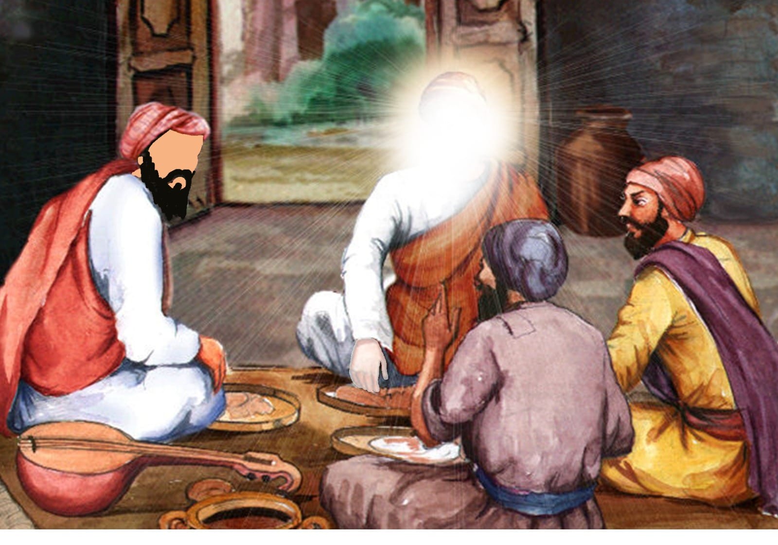 Guru Nanak Dev Ji and Bhai Mardana Ji eating a meal at a devotee’s house