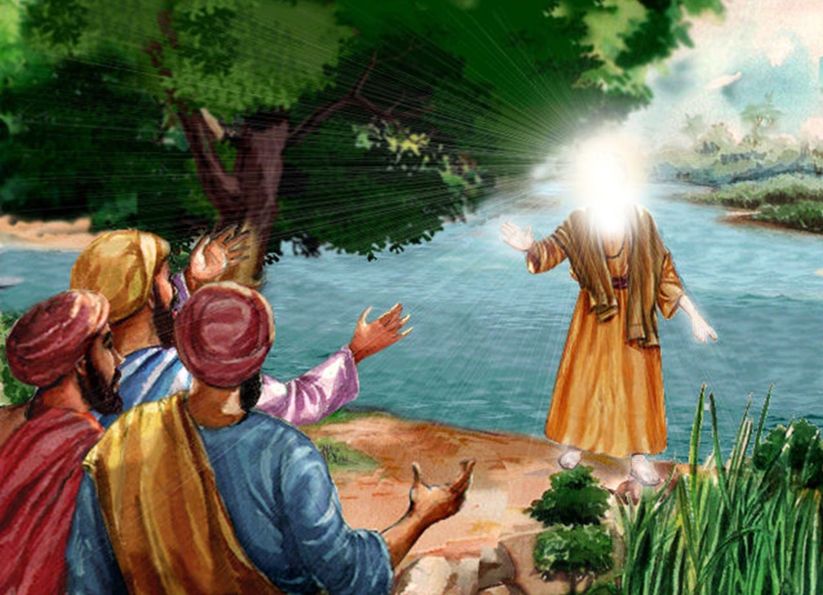 Guru Nanak Dev Ji appearing out of the River Vein after disappearing after 3 days