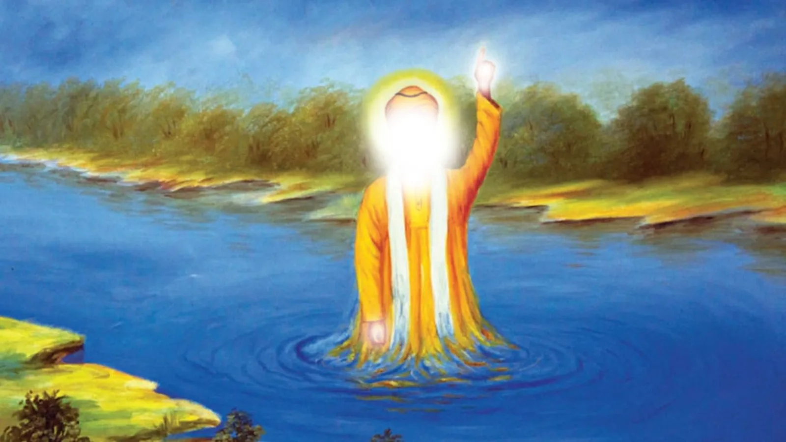 Guru Nanak Dev Ji emerging from the River Bein in Sultanpur Lodhi after three days of disappearance